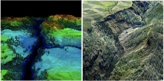  Data products from YELL (D12) site. Left: Digital surface model. Right: Discrete lidar point cloud colorized by RGB camera imagery.